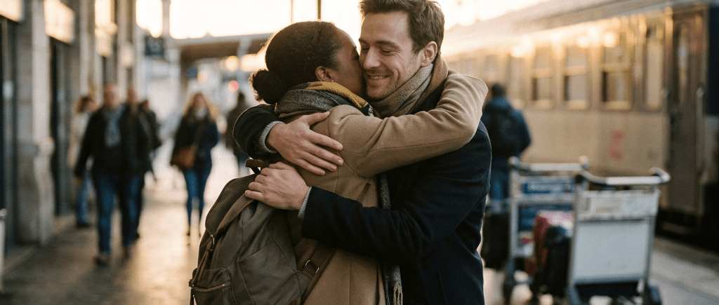 Couple hugging happily at train station arrivals with suitcase and backpack