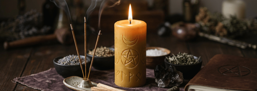 Lit candle with moon and pentacle symbols, incense sticks burning, bowls of herbs, crystal, small dagger, and pentacle book on wooden table