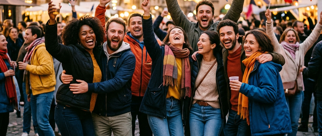 Group of friends smiling and cheering on a festive street with lights and flags