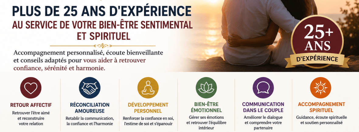 Coach Spirituel Agboho proposant un accompagnement personnalisé en relations amoureuses, développement personnel, bien-être émotionnel et réconciliation dans un cadre d'écoute et de bienveillance.