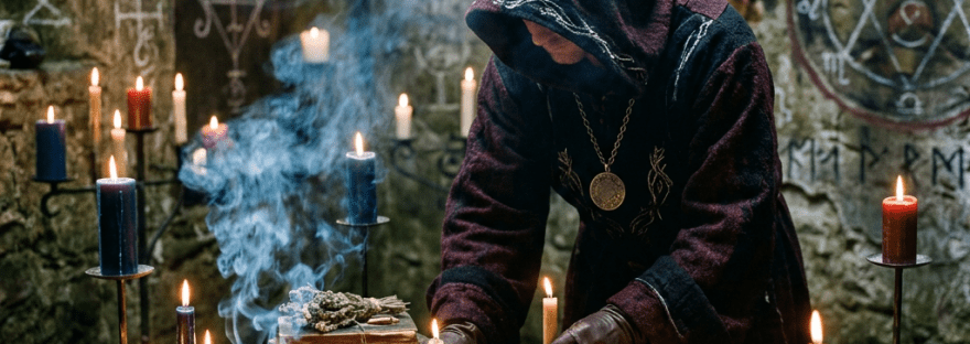 Person in dark robe lighting candles on a stone altar with mystical symbols