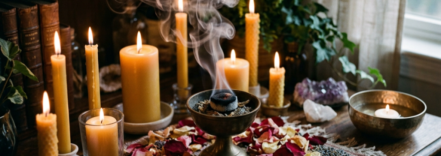 Altar table with lit candles, rose petals, and incense smoke