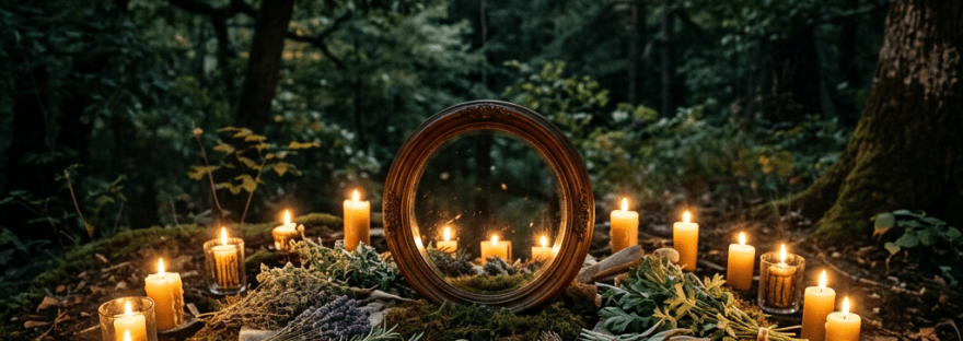 Circular arrangement of lit candles and herbs with a round mirror in a forest at night
