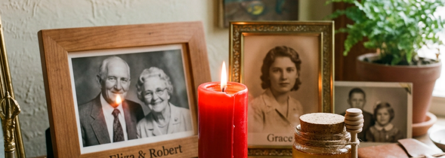 A wooden table with framed family photos, a lit red candle, a jar of honey, a wooden spoon, flowers, and a small amethyst crystal