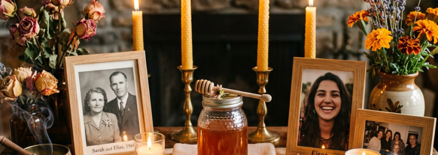 Memorial altar with framed photos, lit candles, honey jar, dried flowers, and crystals on wooden table