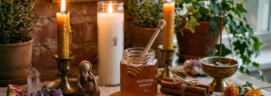 Altar setup with lit beeswax candles, jar of honey, crystals, dried flowers, herbs, cinnamon sticks, and incense smoking