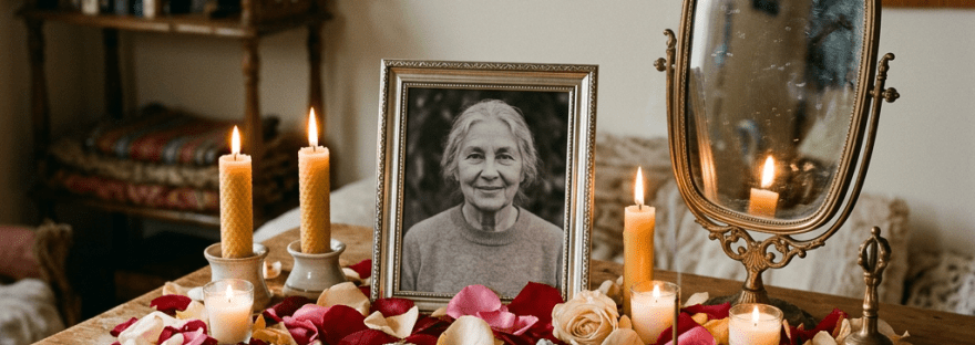 Memorial altar with framed photo, lit candles, rose petals, crystals, and incense
