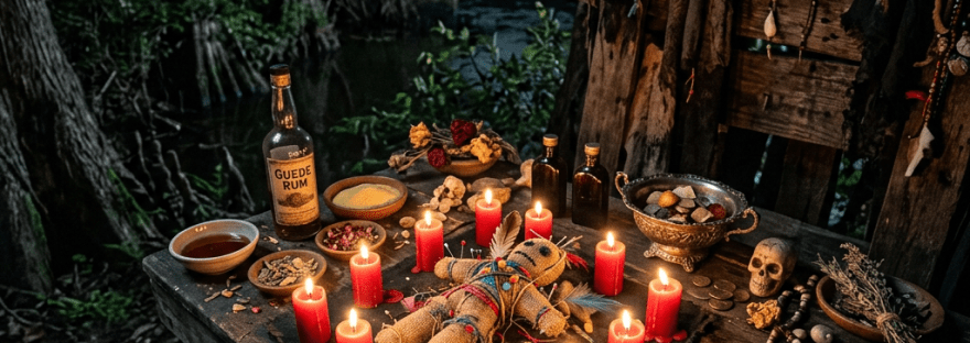 Voodoo altar with red candles, a doll, skulls, bottles, and ritual items on a wooden table near swamp