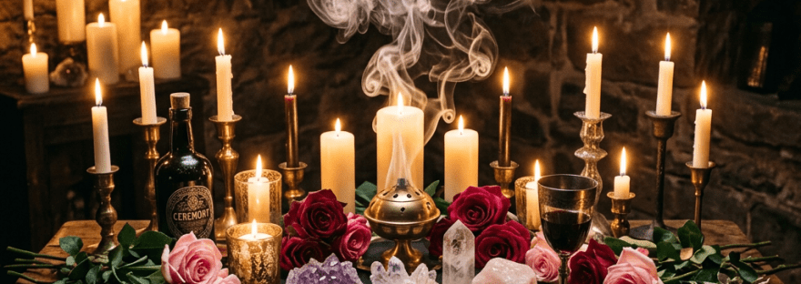Table altar with lit candles, crystals, roses, a pentacle board, incense smoke, and ritual objects