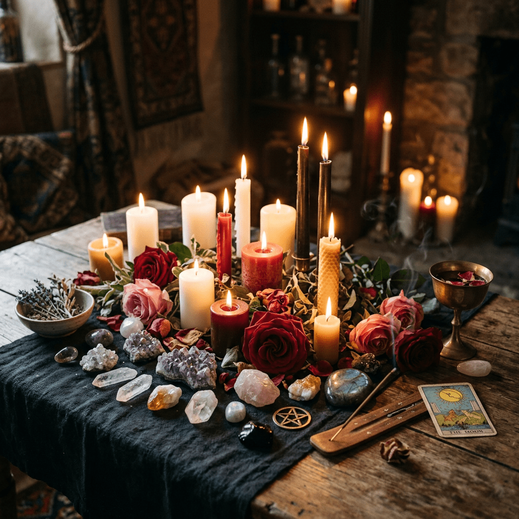 Altar with burning candles, various crystals, red and pink roses, tarot card, incense holder, and a brass chalice