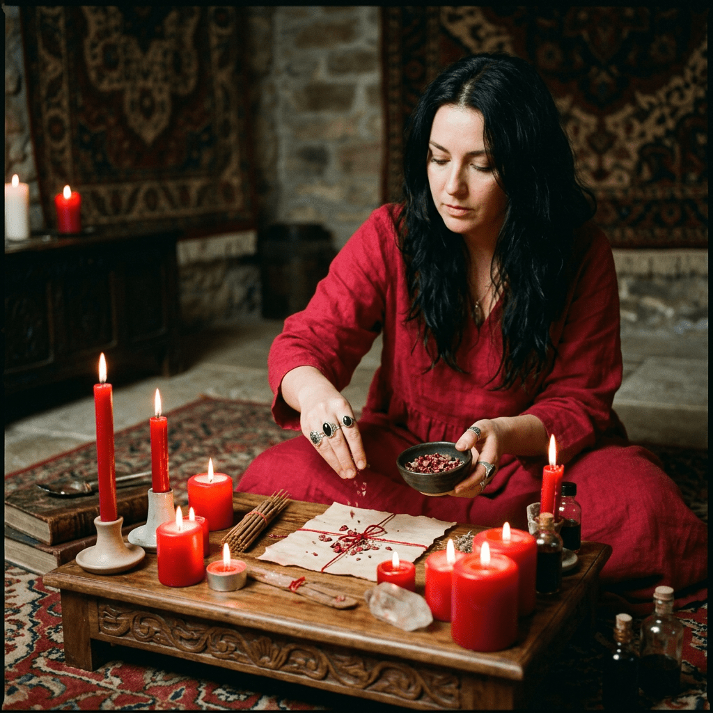 Woman in red garment performing a ritual with red candles and herbs on a wooden table