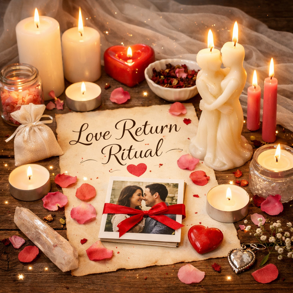 Love return ritual setup with candles, photo, and rose petals