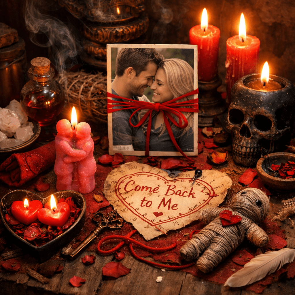 Love altar with burning candles, a photo of a couple tied with red string, a heart-shaped note that says 'Come Back to Me', and a voodoo doll
