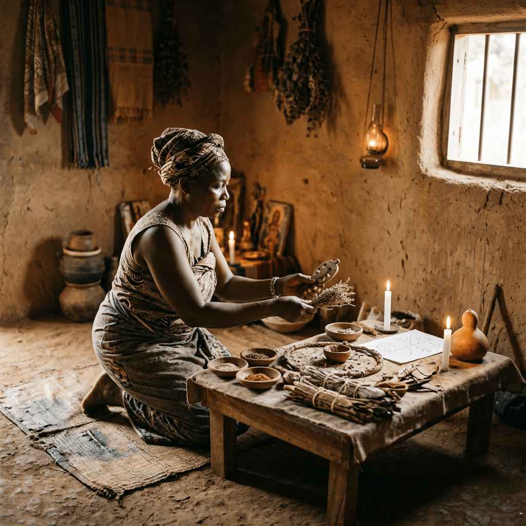 Woman kneeling at a low table arranging herbs and ritual items in a dimly lit rustic room