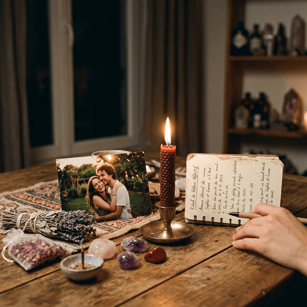 Photo of a smiling couple, crystals, lavender, incense, a burning candle, and a handwritten note on a wooden table