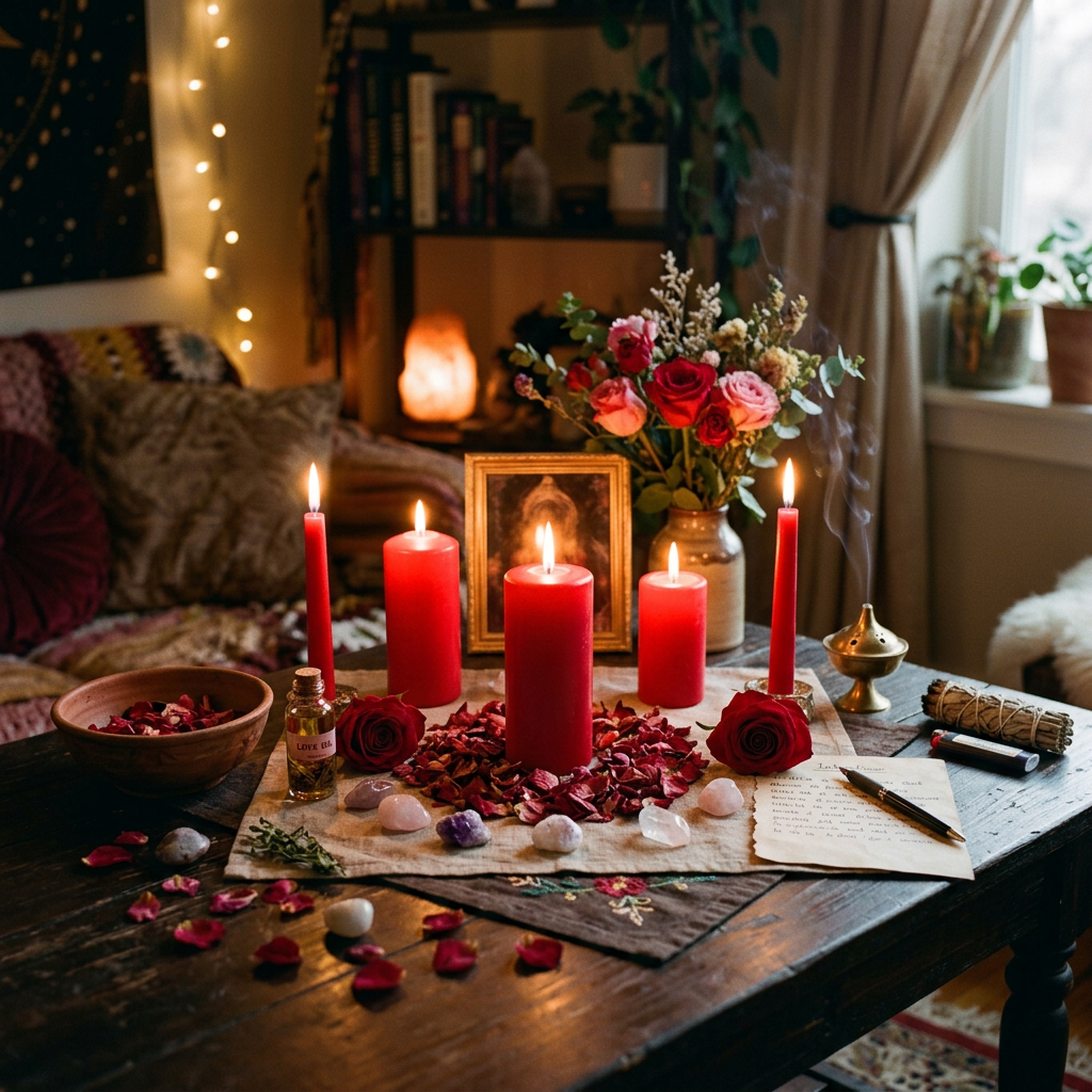 An altar arrangement with five lit red candles, scattered rose petals, crystals, a small bottle labeled 'Love Elixir', fresh roses, a framed photo, incense burner with smoke, and handwritten notes on a wooden table