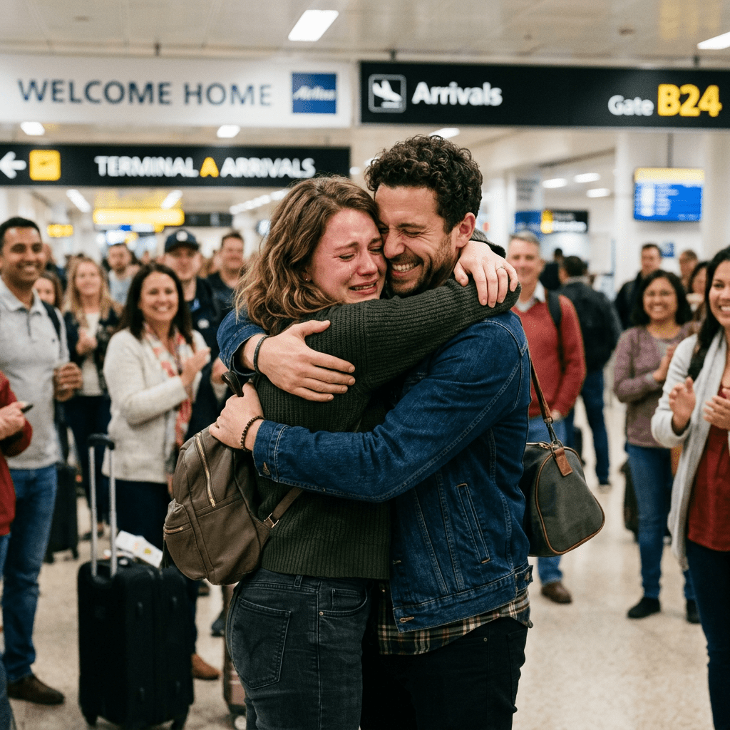 A couple hugging tightly at airport arrivals with tearful woman