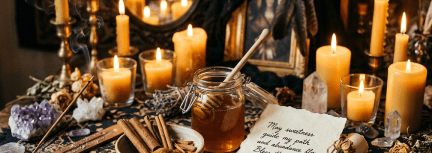 Altar with burning candles, cinnamon sticks, honey jar, crystals, dried flowers, and a handwritten note