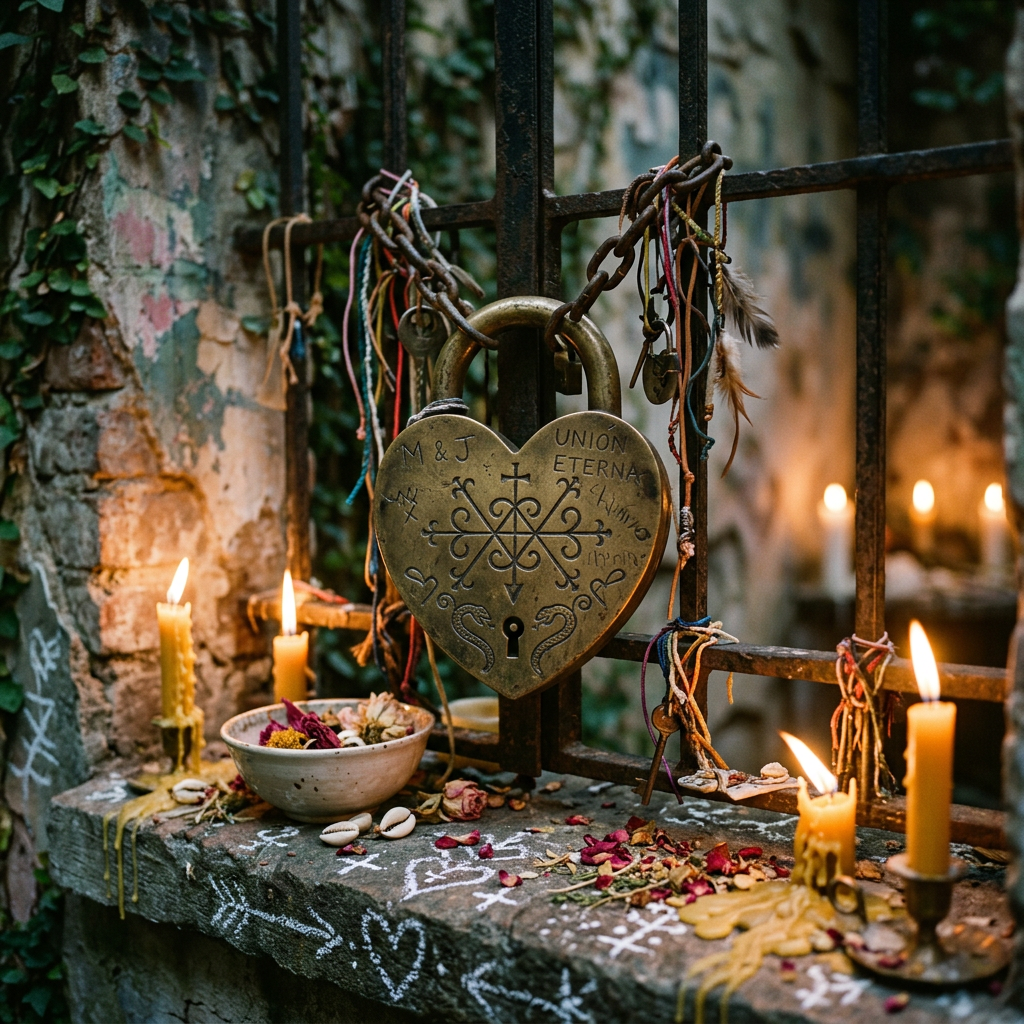 Heart-shaped lock engraved with 'Union Eterna' hanging on gate with lit candles and dried flower petals