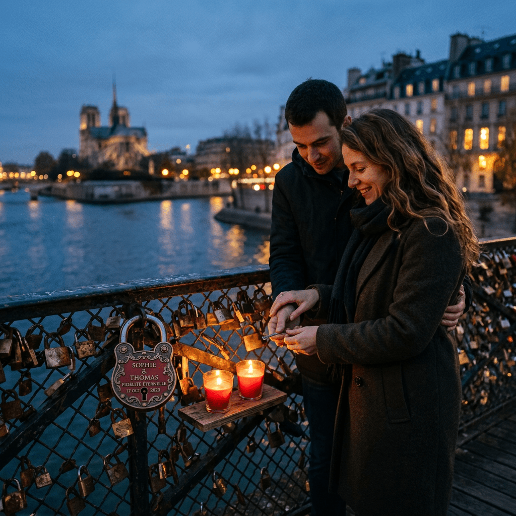 Couple lighting candles on a love lock-covered bridge over the Seine at dusk