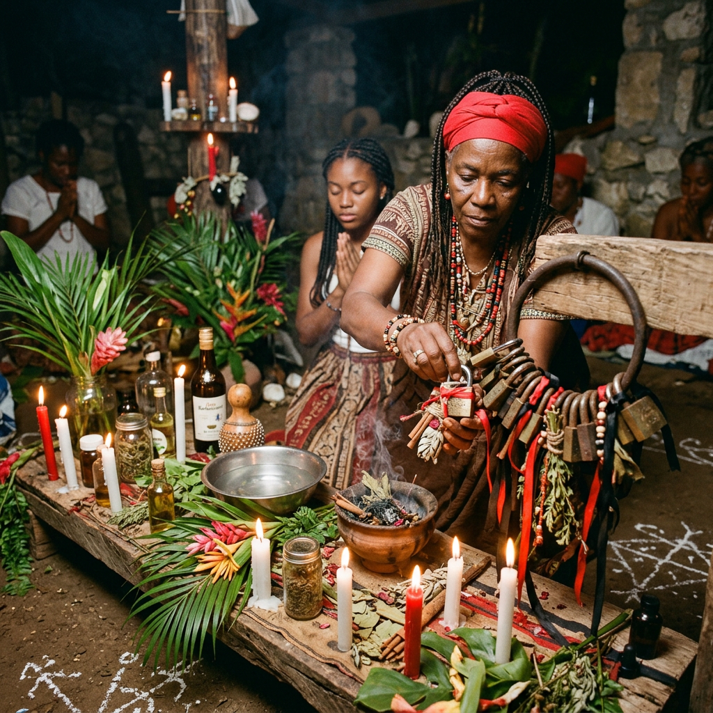 A woman performing a ritual with candles, herbs, and ritual objects surrounded by praying people