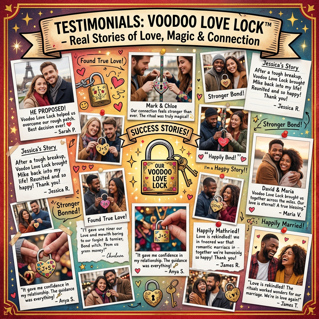 Collage of couples with heart-shaped locks and testimonials about Voodoo Love Lock strengthening love and relationships