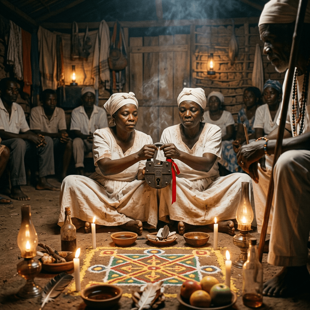 Two women in white headwraps holding a large padlock during a ritual surrounded by candles, bowls, and symbolic items