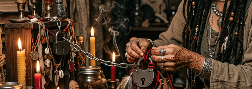Woman with dreadlocks holding a padlock and cord amid candles, herbs, and charms on a table