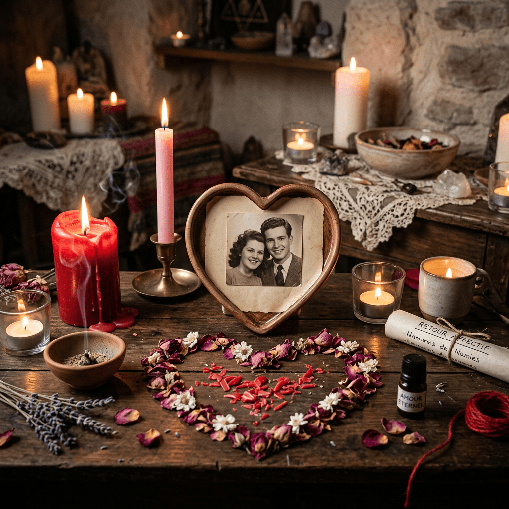 Heart-shaped photo frame with couple's portrait surrounded by candles and flower petals on wooden table
