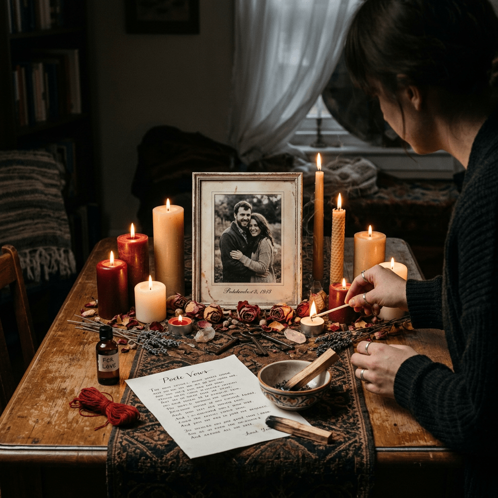 Memorial altar with lit candles, a framed couple's photo dated September 2, 1943, dried roses, and handwritten poetry