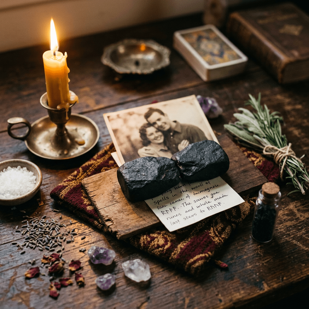 Wiccan altar with lit candle, herbs, crystals, vintage photo, and handwritten note