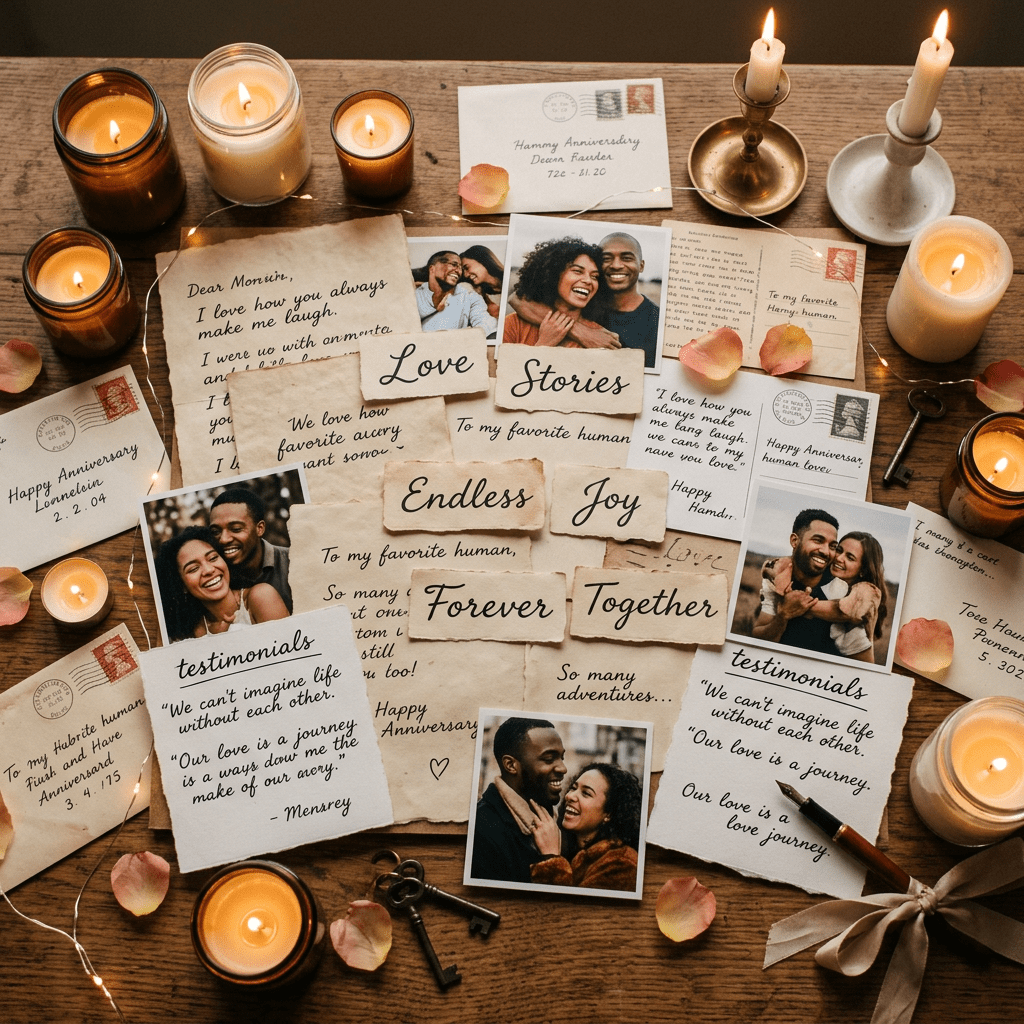 Anniversary letters, romantic quotes, couple photos, candles, and rose petals arranged on a table