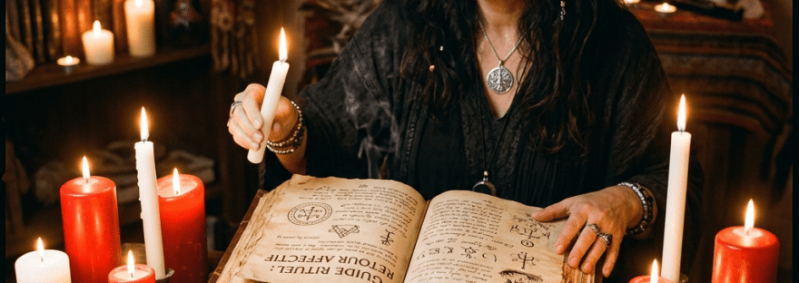 Woman holding candle reading from an ancient spellbook surrounded by ritual candles and herbs