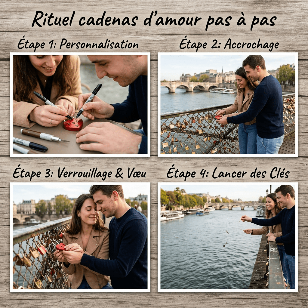 Couple personalizing and locking a love padlock on a bridge with steps explained in French