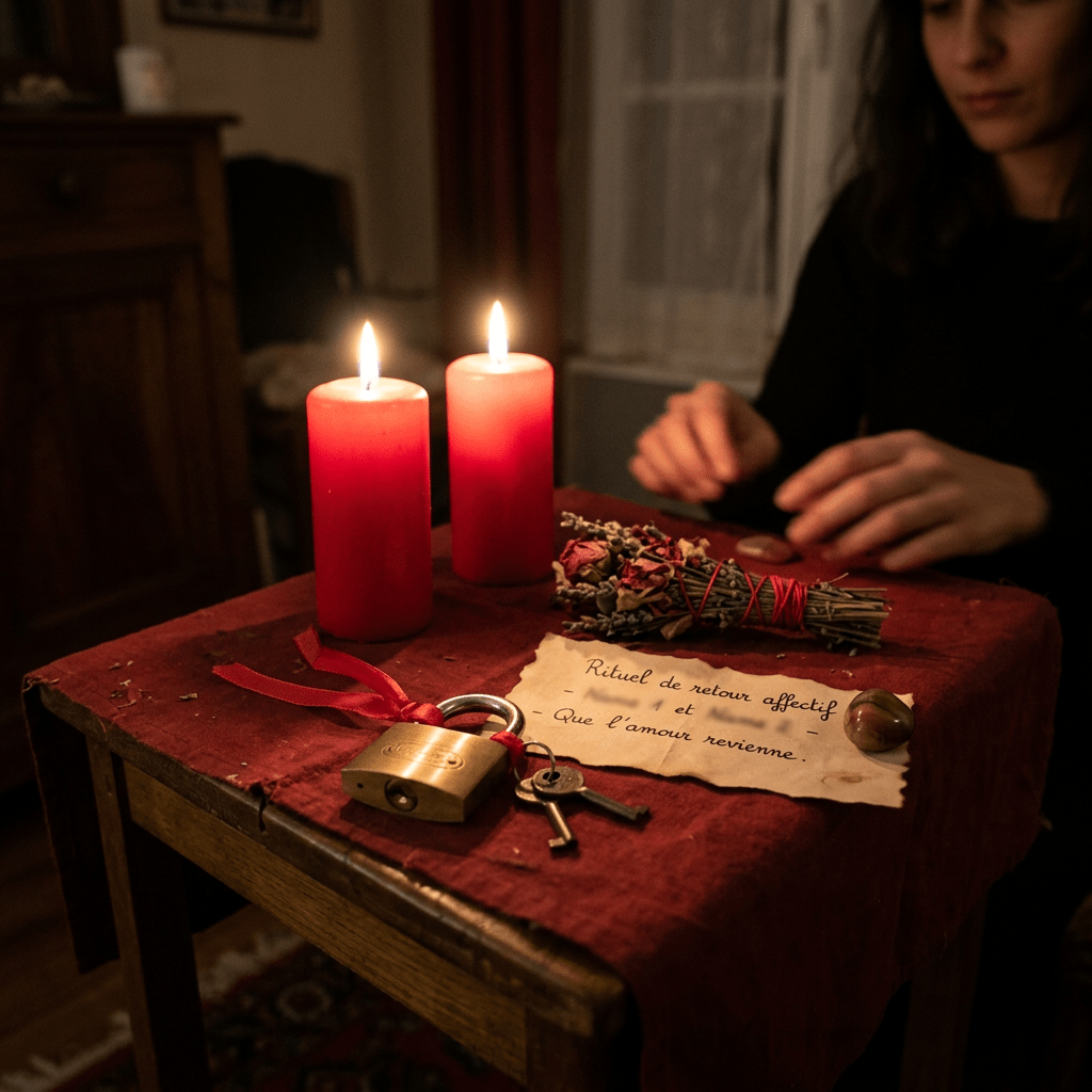 Two lit red candles, a dried herb bundle, a padlock with keys, and a handwritten note on a red cloth-covered table