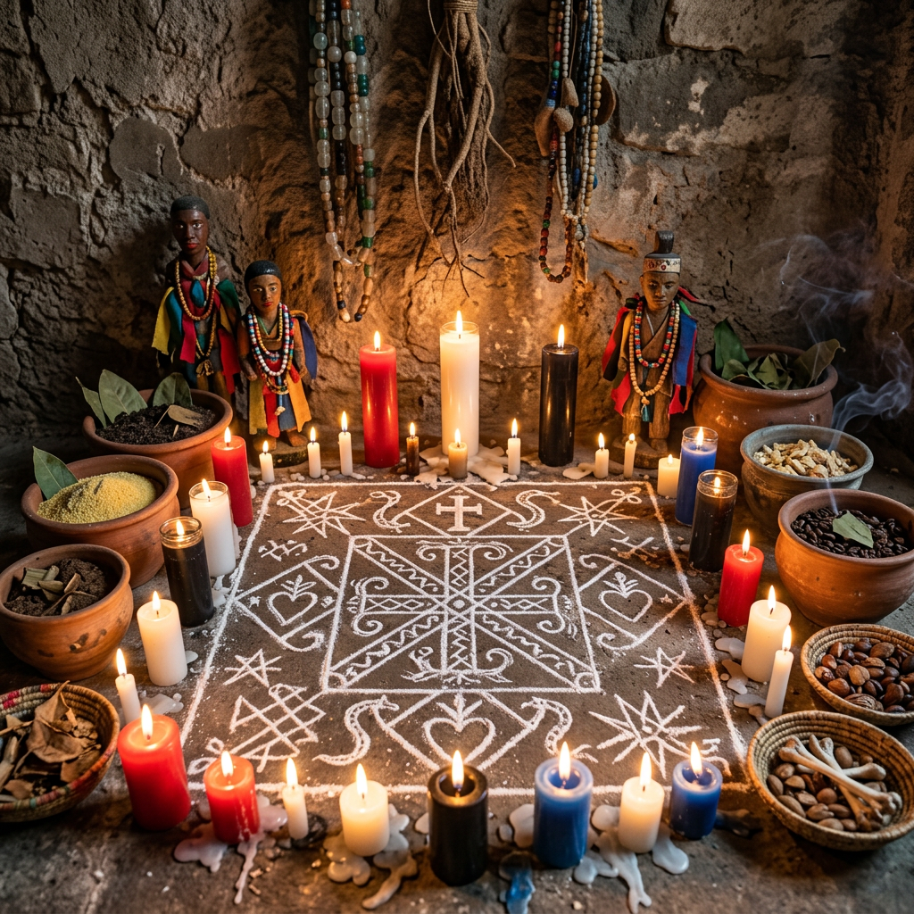Voodoo altar with candles, beads, ritual symbols, and offerings
