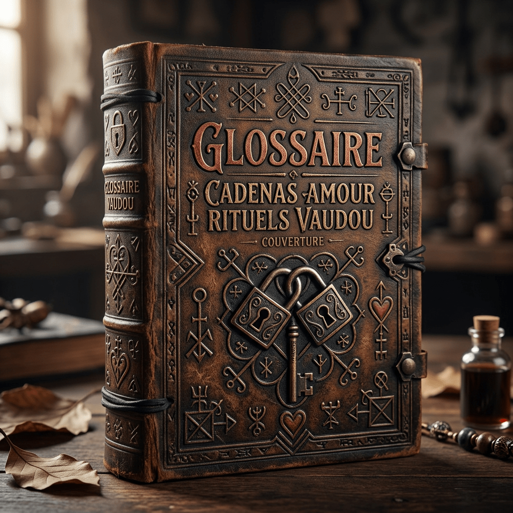 Leather-bound book titled 'Glossaire Cadenas Amour Rituels Vaudou' with decorative symbols and padlocks on the cover