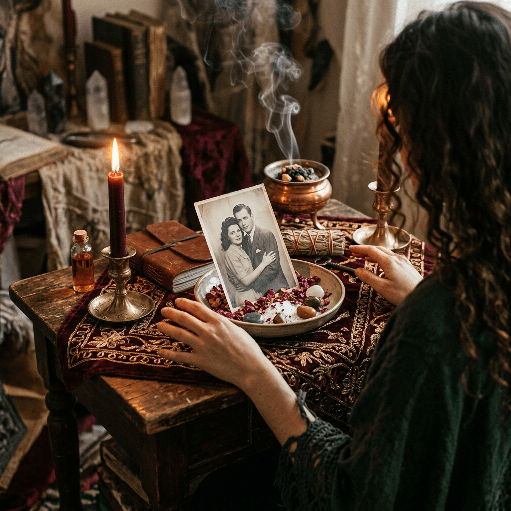 Person at a table with vintage photo, candles, incense, and ritual items