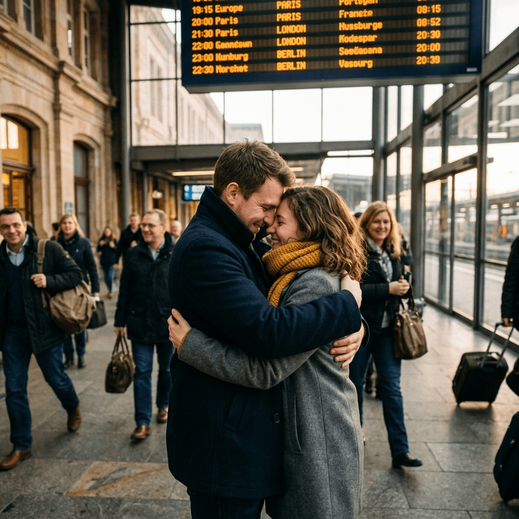 Couple warmly hugging in crowded train station with departure board