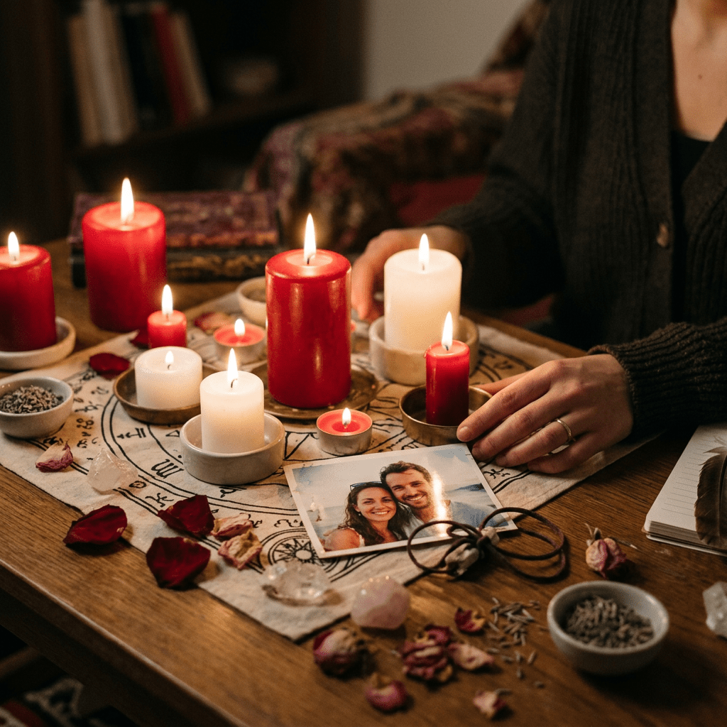 Candles of red and white burning on a spiritual altar with a photo of a smiling couple, rose petals, crystals, and small bowls of herbs