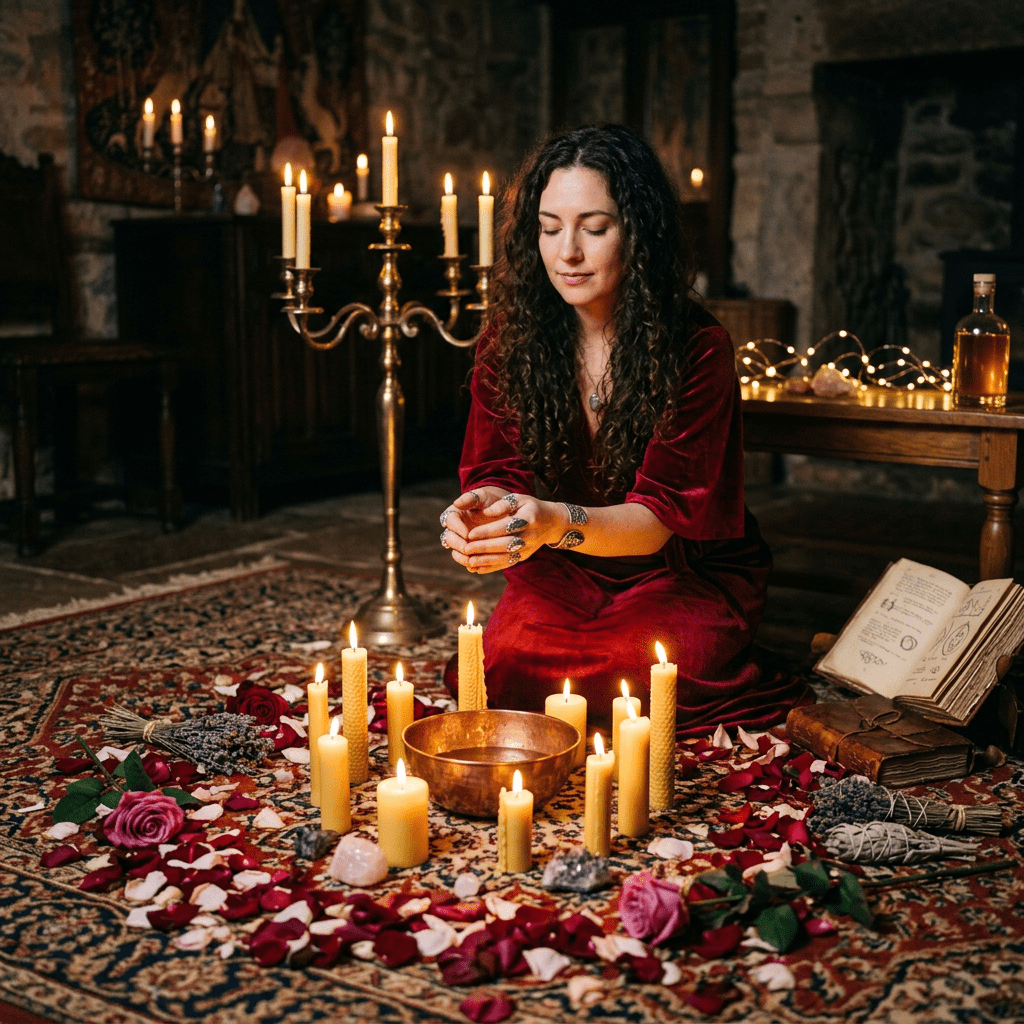Woman in red dress sitting cross-legged in candlelit ritual with crystals, rose petals, and open book