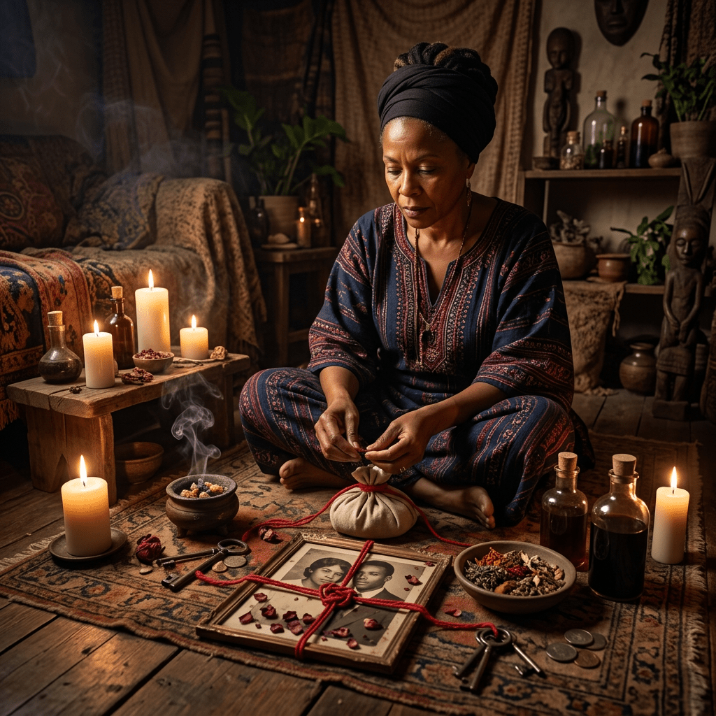 Woman sitting cross-legged surrounded by candles, herbs, and a framed photo tied with red string