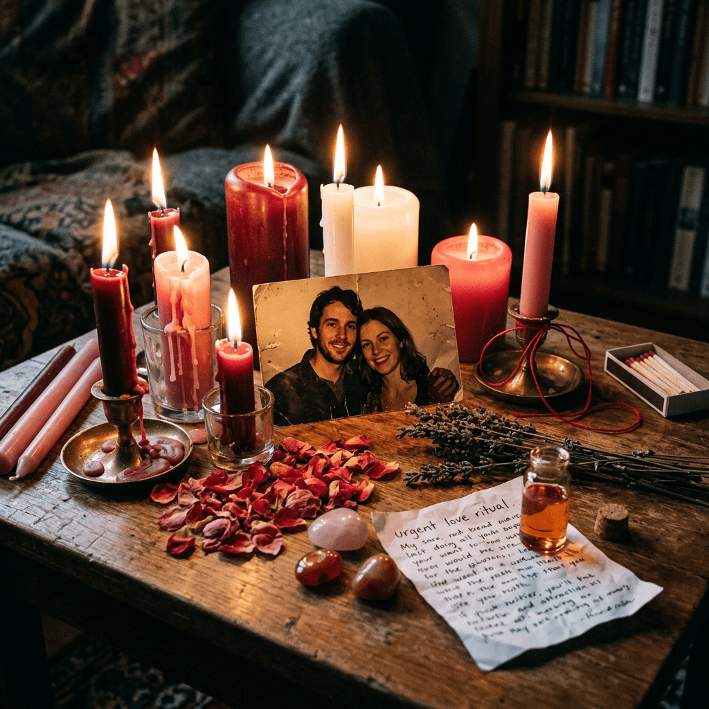 Candles lit around a photo of a couple with rose petals, crystals, herbs, and a handwritten note titled urgent love ritual