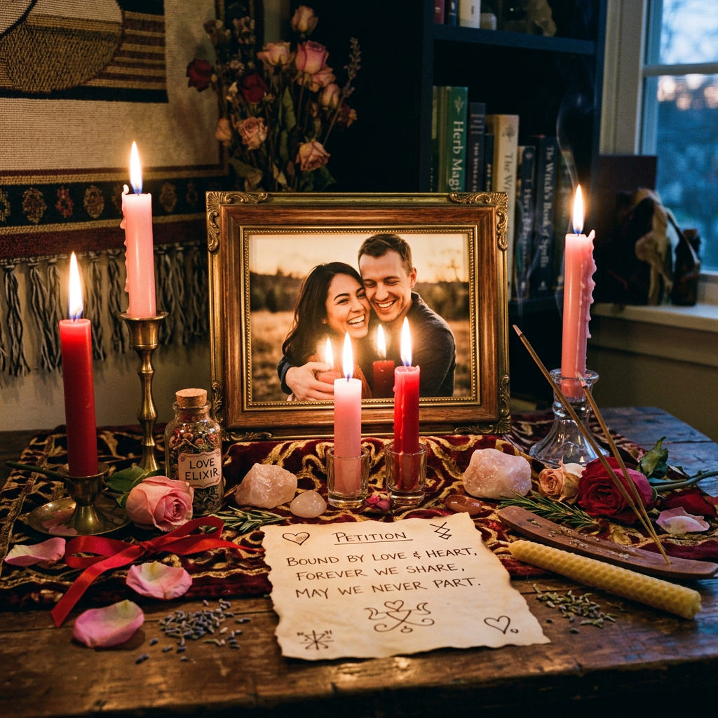 Romantic altar with framed couple's photo, lit candles, rose petals, crystals, and a love petition