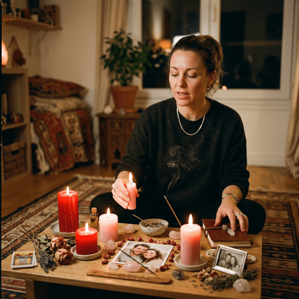 Woman sitting cross-legged by a table with lit candles, crystals, and photographs