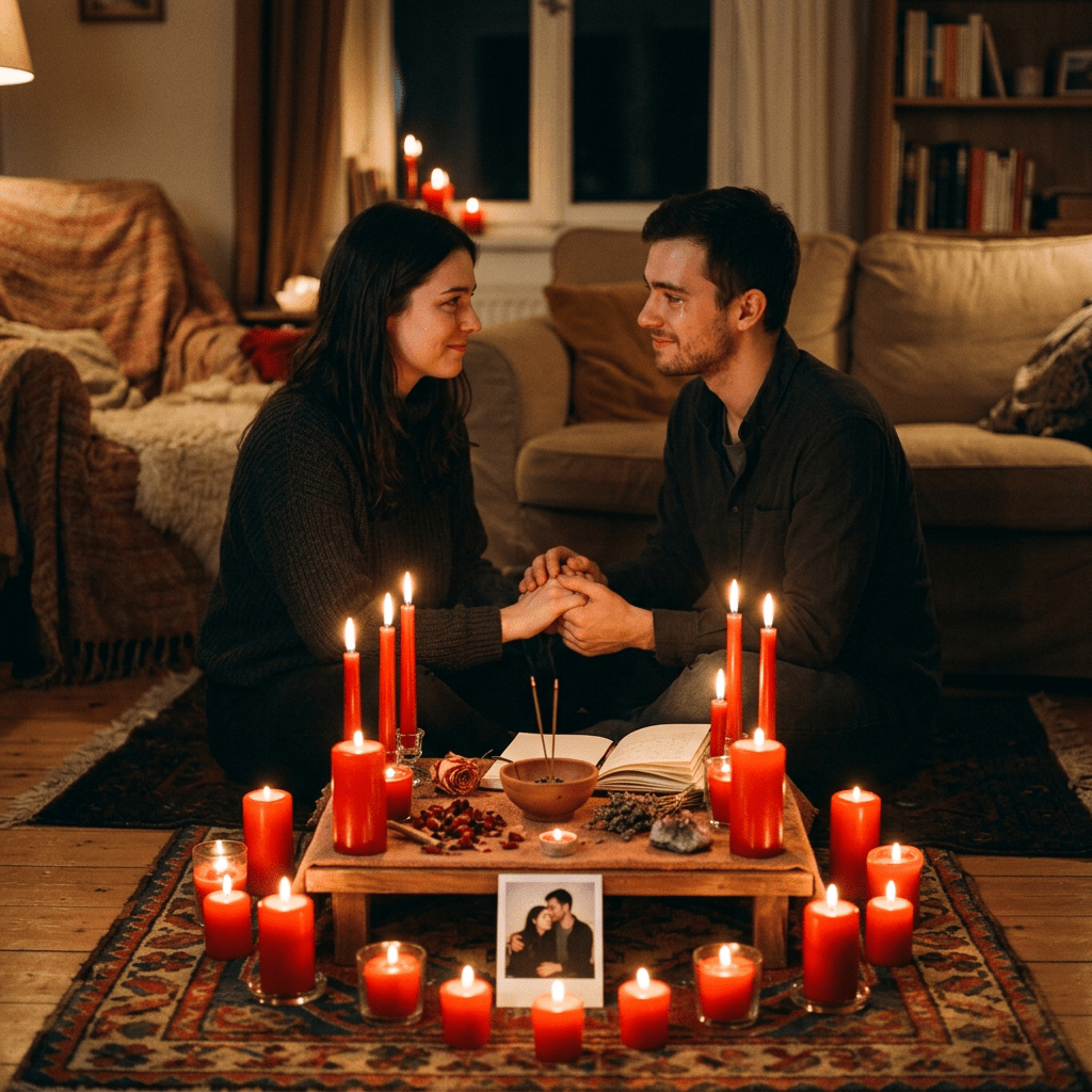 Couple sitting on floor holding hands surrounded by red candles and photo on low table