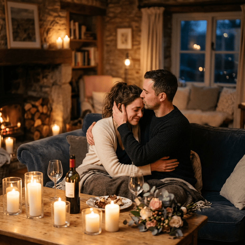 Couple embracing closely on a couch with lit candles, wine, flowers, and a fireplace in the background