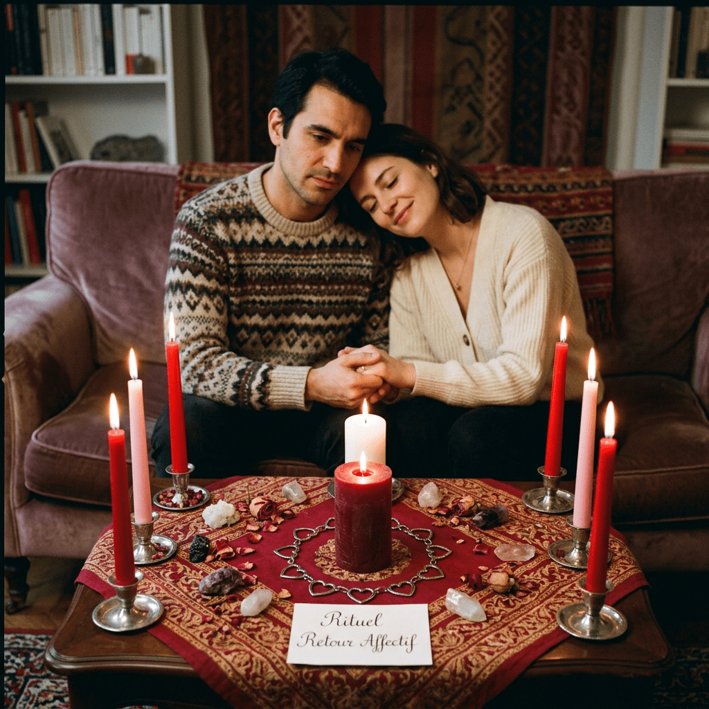 Couple holding hands sitting on couch in front of table with lit candles and crystals for a love ritual