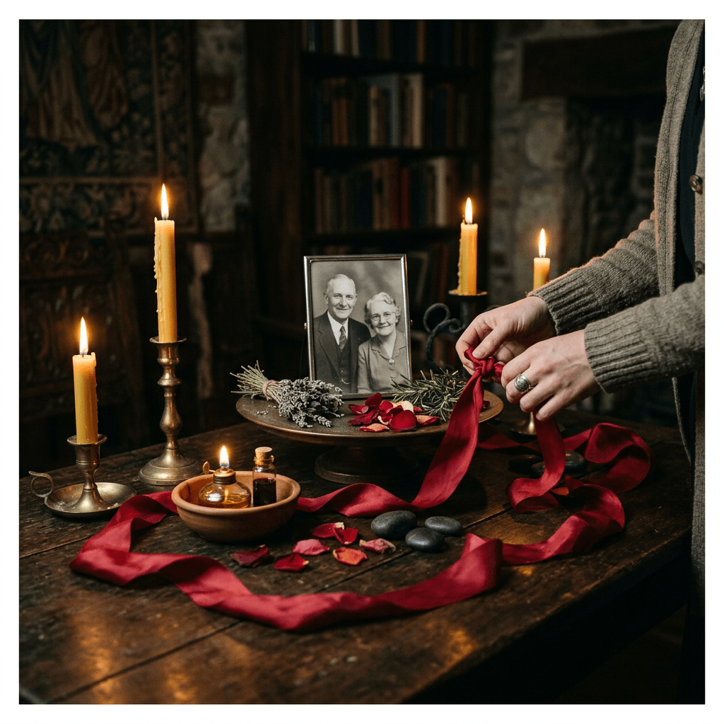 Rustic memorial altar with lit candles, black-and-white photo of a couple, flowers, herbs, red ribbon, and small bottles