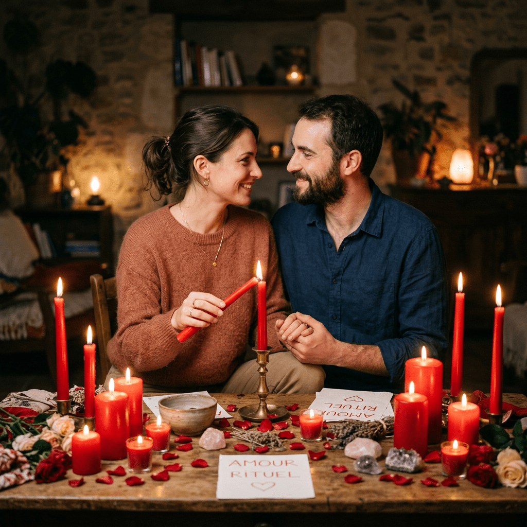Couple lighting a red candle surrounded by rose petals and candles